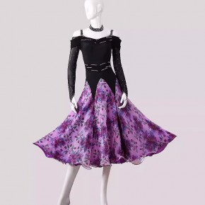 Customized size purple flowers ballroom dance dresses competition flamenco waltz tango smooth foxtrot dancing long skirts for female
